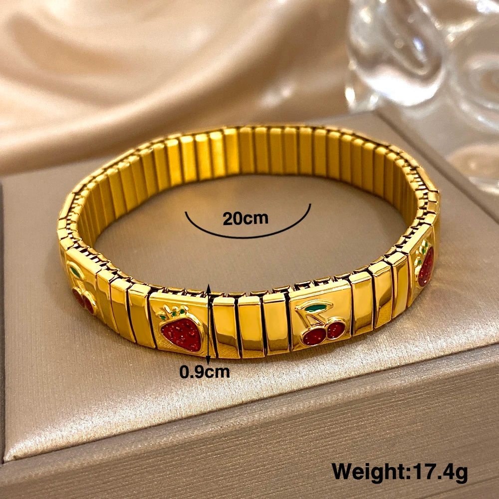 Gold Stainless Steel Strawberry Cherry Elastic Bangle Bracelet Trendy