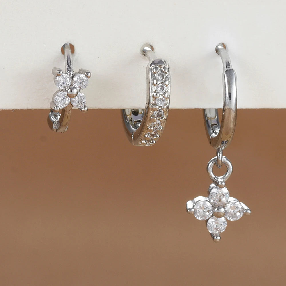 3PCS Flower Drop Earrings Set Zircon Stainless Steel Women