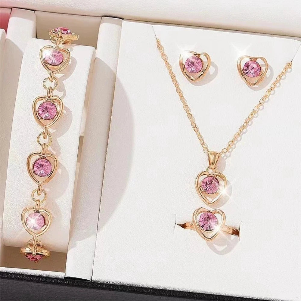 4PCS Heart Crystal Jewelry Set Necklace Bracelet Ring Earrings