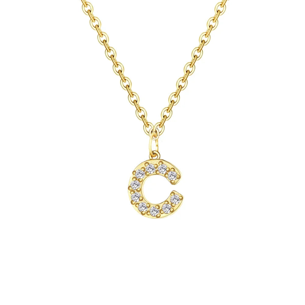 Gold Zircon Initial Necklace A-Z Stainless Steel Letter Pendant Women