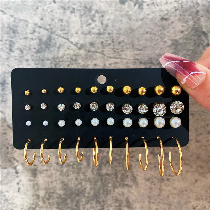 Bohemian Pearl Earrings Set 12 Pairs Geometric Women Jewelry