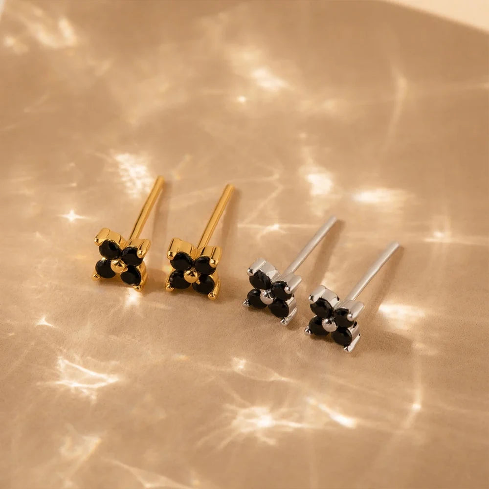 eManco Clover Black Gemstone Stud Earrings Stainless Steel Elegant