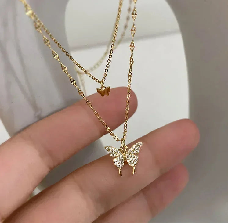 Silver Double Layer Star Moon Necklace Zircon Choker for Women