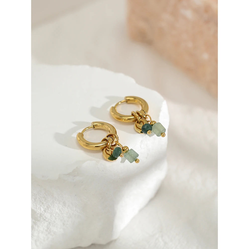 Vintage Green Stone Hoop Earrings 18K Gold Plated Women