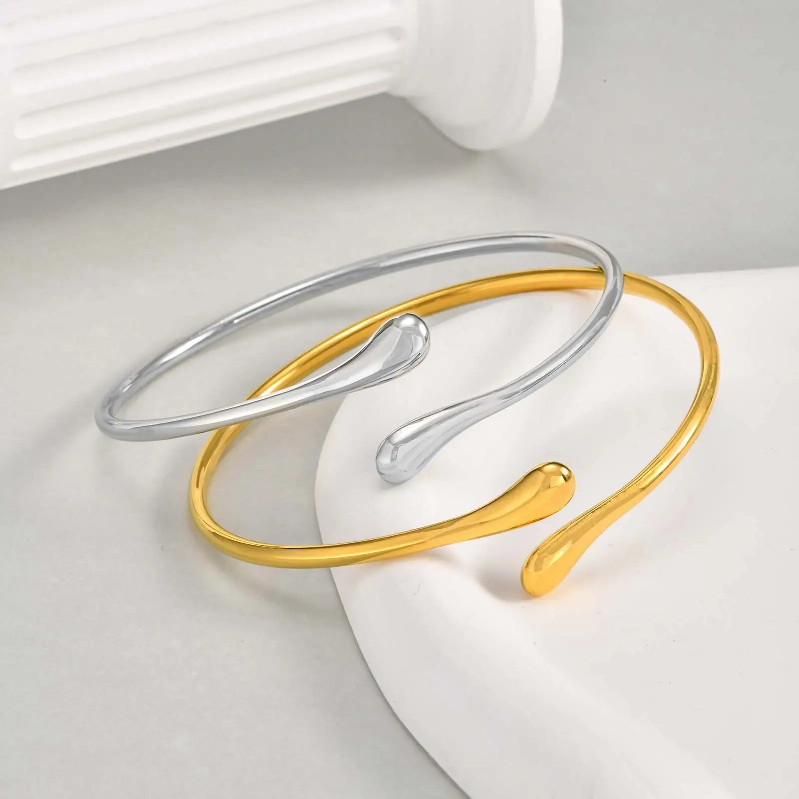 Minimalist Water Drop Open Bangle Bracelet Gold Stainless Steel Women
