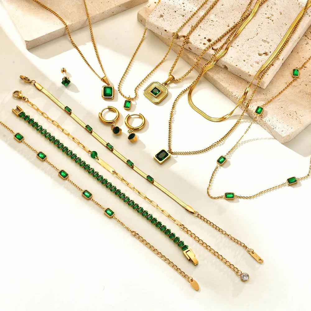 Vintage Green Zircon Necklace Gold Plated Women Jewelry