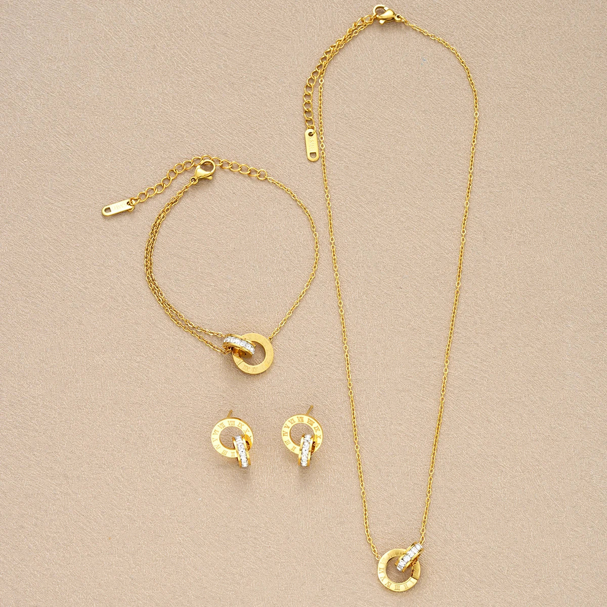 Elegant 4Pcs Jewelry Set Roman Numeral Circle Necklace Bracelet