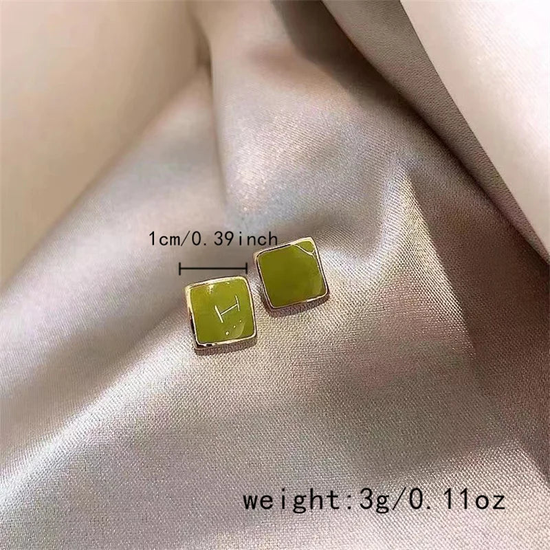 Korean Glazed Green Enamel Geometric Stud Earrings Vintage Style