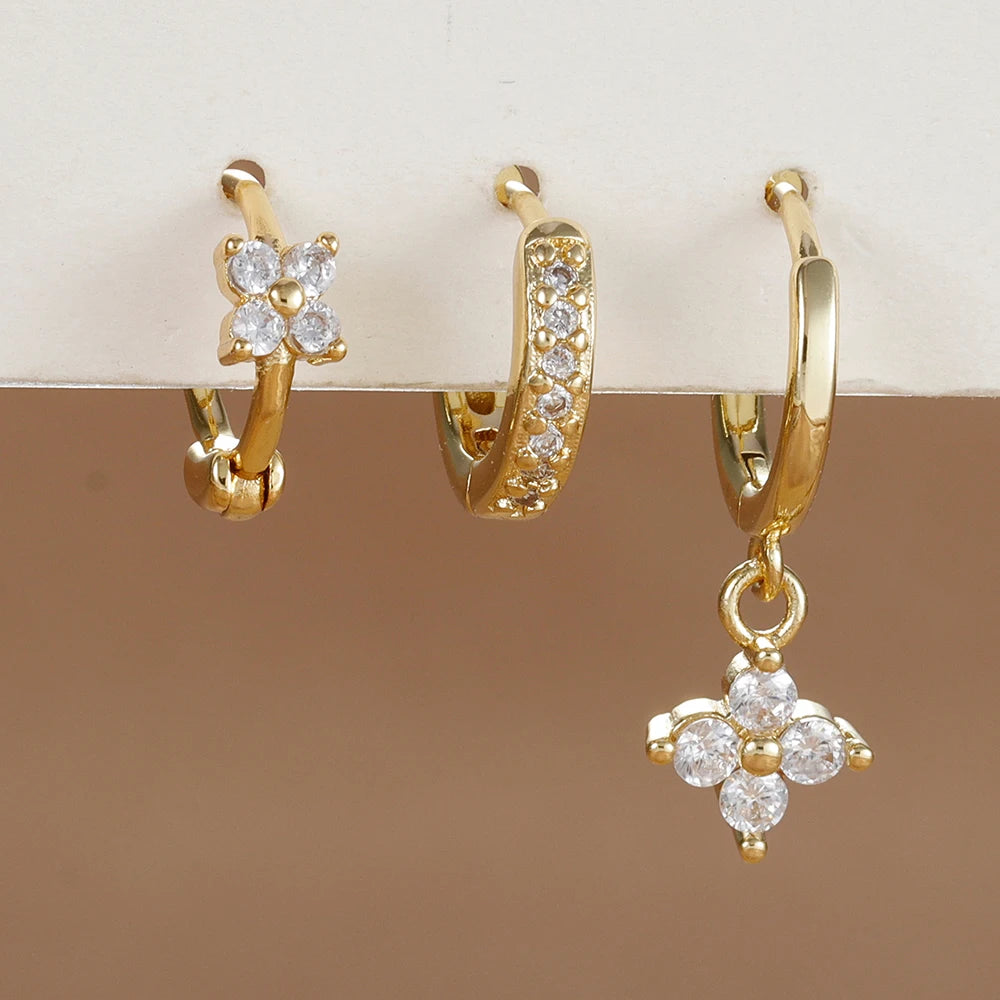 3PCS Flower Drop Earrings Set Zircon Stainless Steel Women