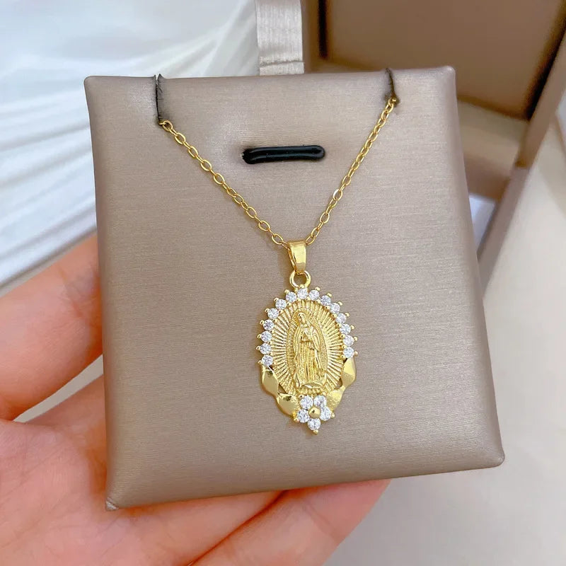 Religious Virgin Mary Flower Pendant Necklace Zircon Chain