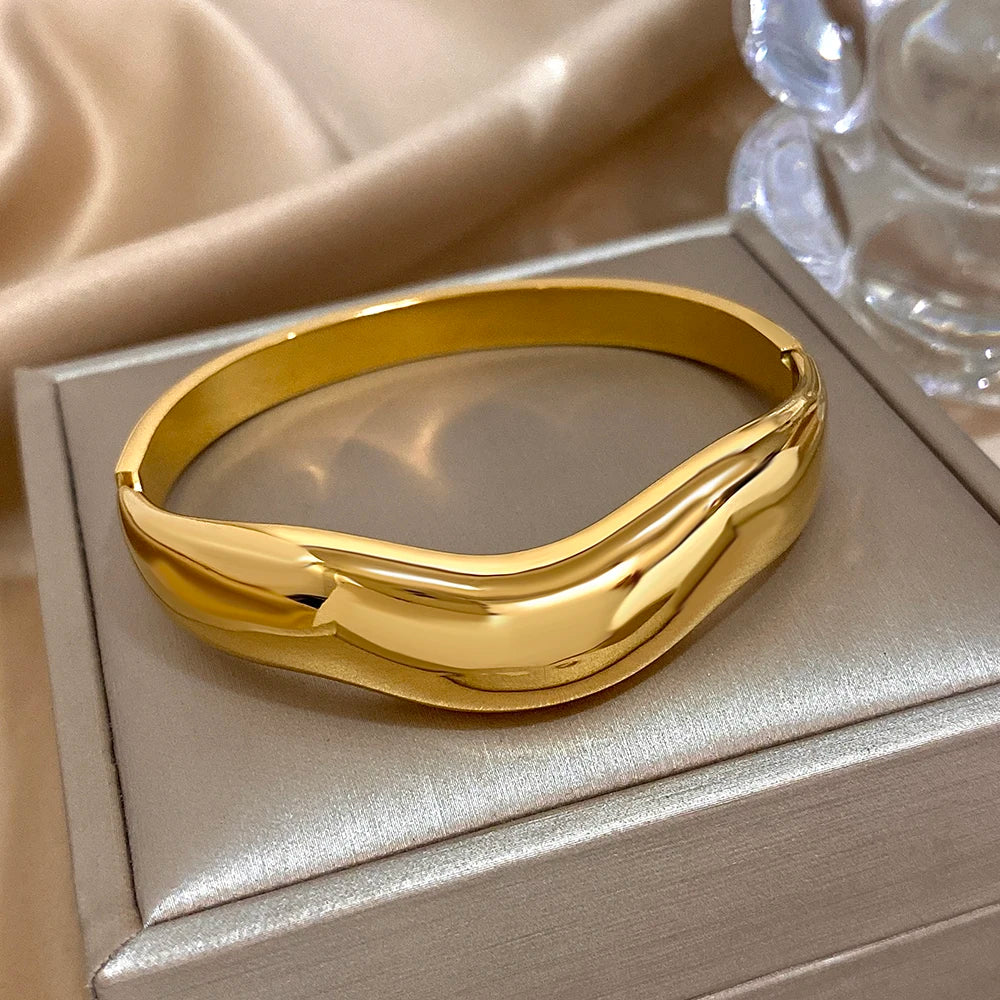 Chunky Gold Geometric Wave Cuff Bracelet Stainless Steel Waterproof