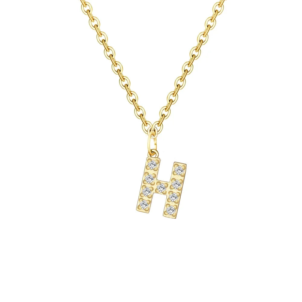 Gold Zircon Initial Necklace A-Z Stainless Steel Letter Pendant Women
