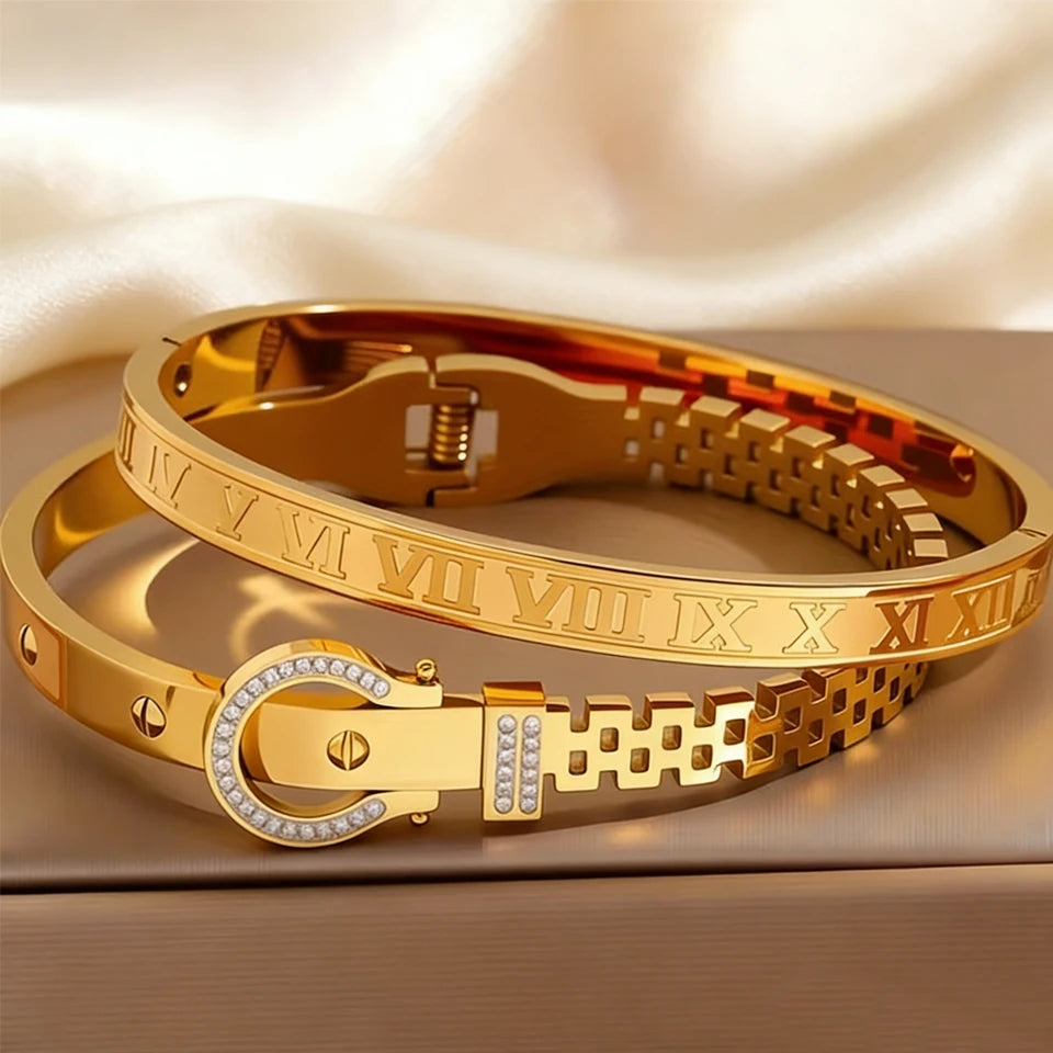 2pcs Roman Numeral Bracelet Set Stainless Steel Bangle Unisex Gift