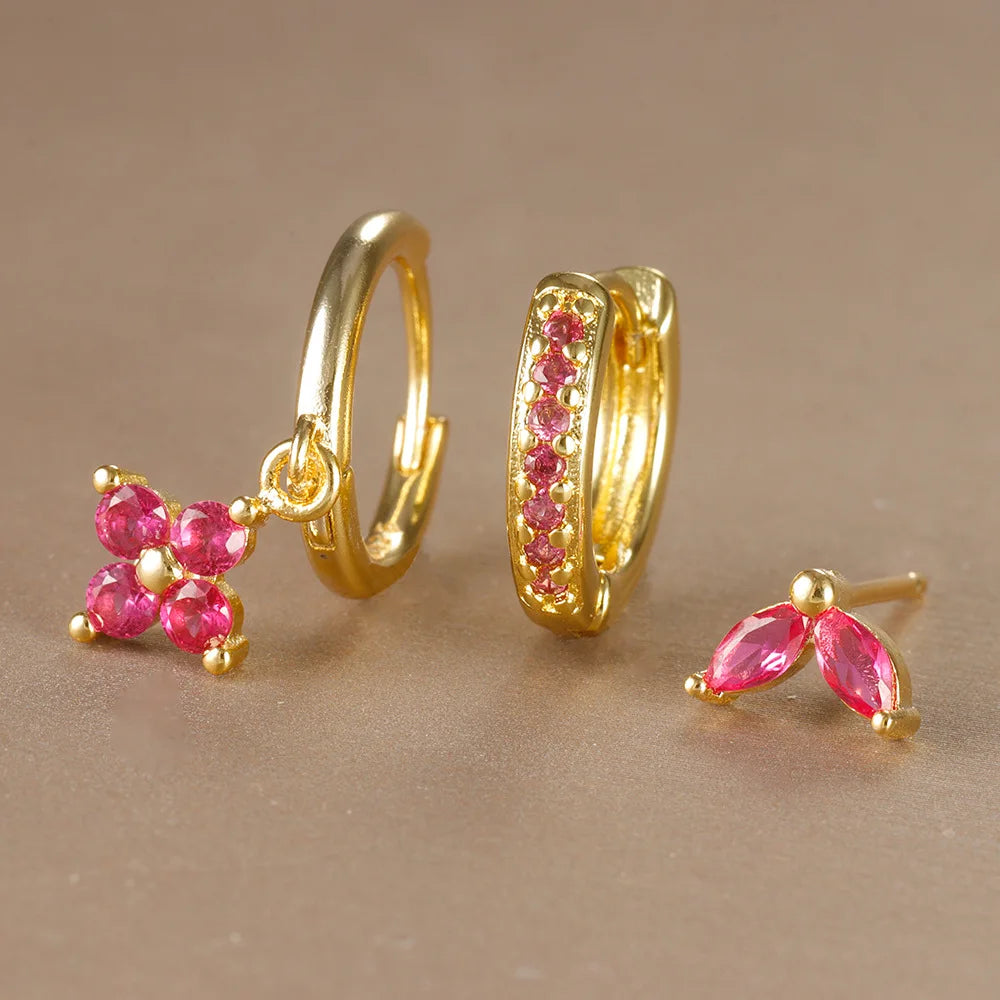 3PCS Flower Drop Earrings Set Zircon Stainless Steel Women