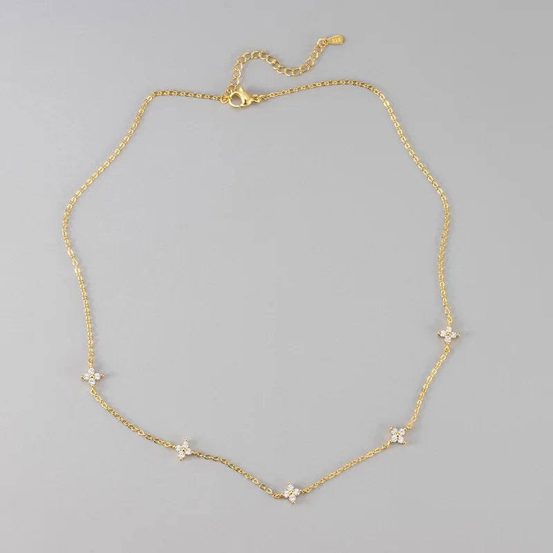 18K Gold Zircon Four Leaf Clover Necklace Stainless Steel Luxury