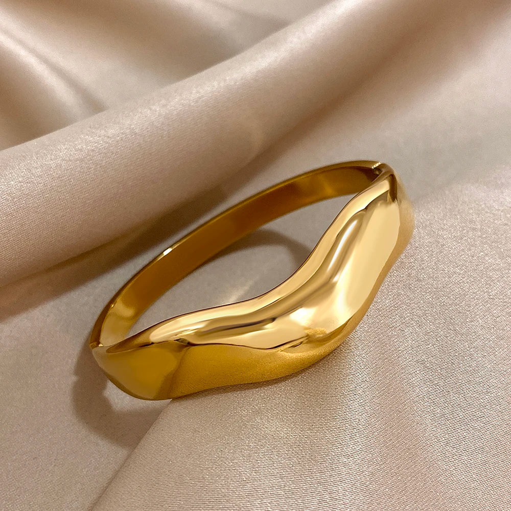 Chunky Gold Geometric Wave Cuff Bracelet Stainless Steel Waterproof