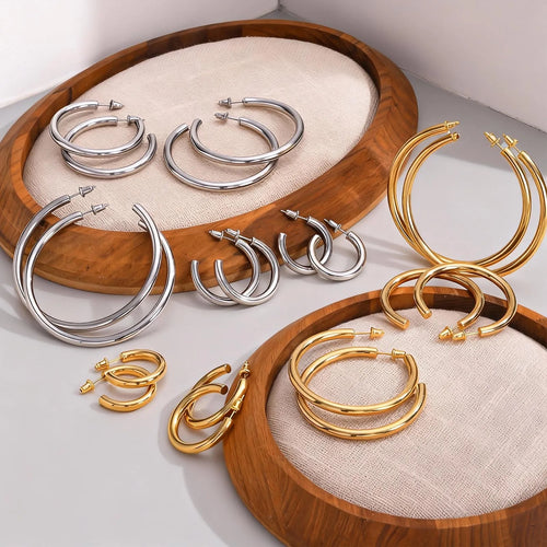 Chunky Gold Hoop Earrings Waterproof Stainless Steel 25-63mm Women