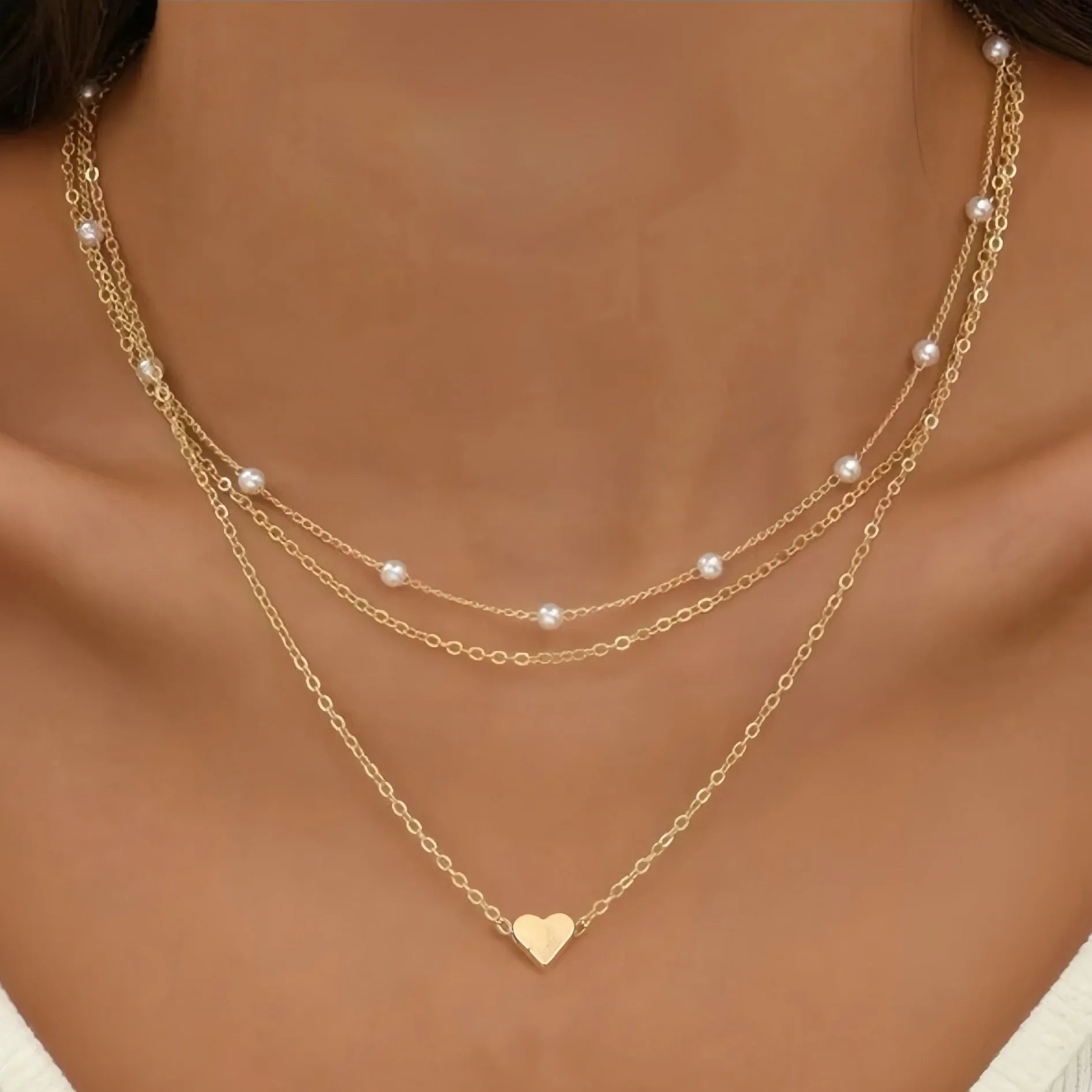 Elegant Layered Necklace Pearl Cross Heart Gold Chain Women