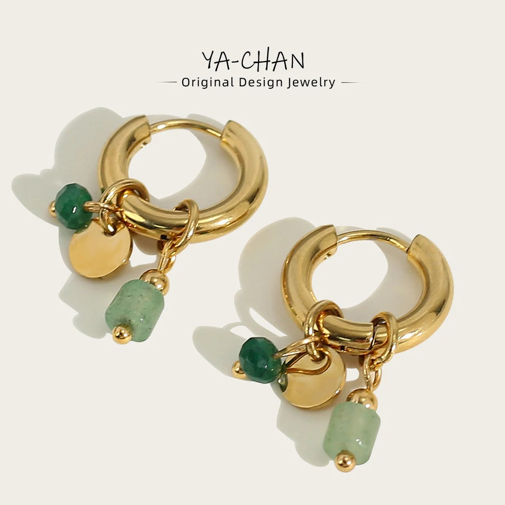 Vintage Green Stone Hoop Earrings 18K Gold Plated Women