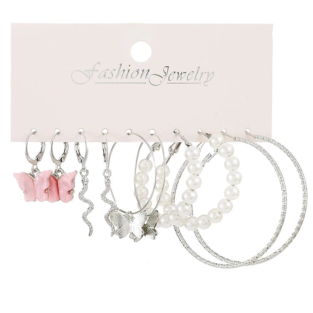 Stylish Boho Earring Set Big Hoops Pearl Square Heart Zircon Design