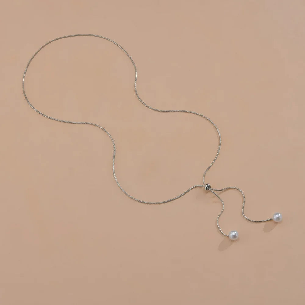 Simple Pearl Tassel Necklace Silver Tone Adjustable Clavicle Chain