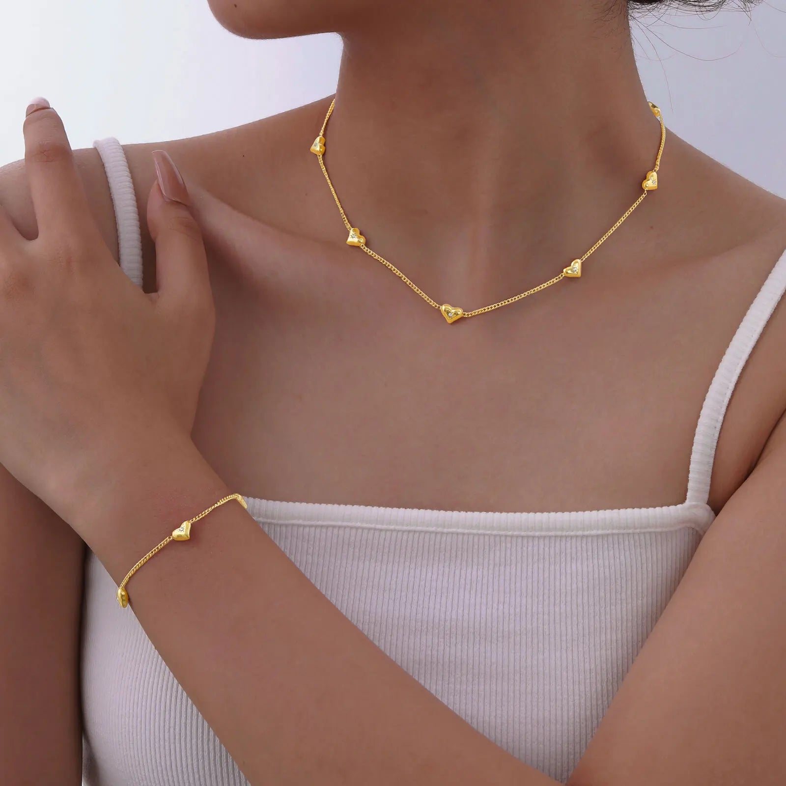 Heart Charm Necklace Gold Stainless Steel Adjustable Women