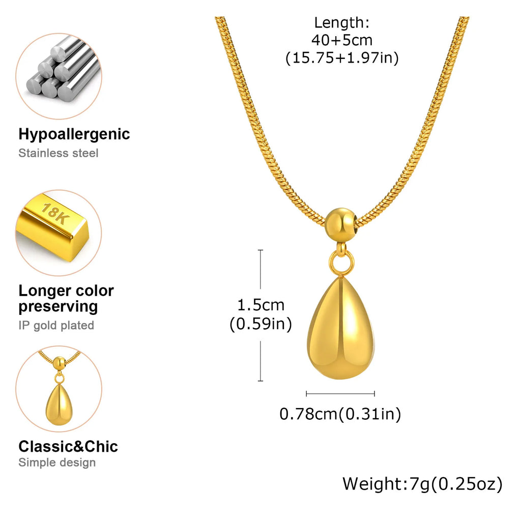Sliding Water Droplet Pendant Necklace Gold Stainless Steel Waterproof