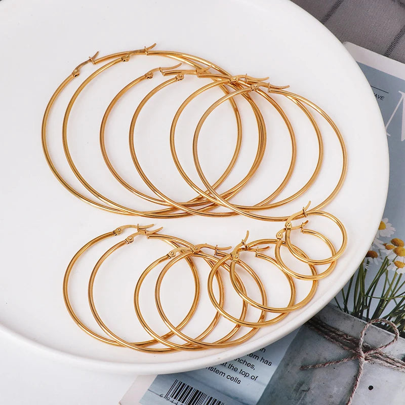 Big Hoop Earrings 30-80mm Stainless Steel Gold Silver Women