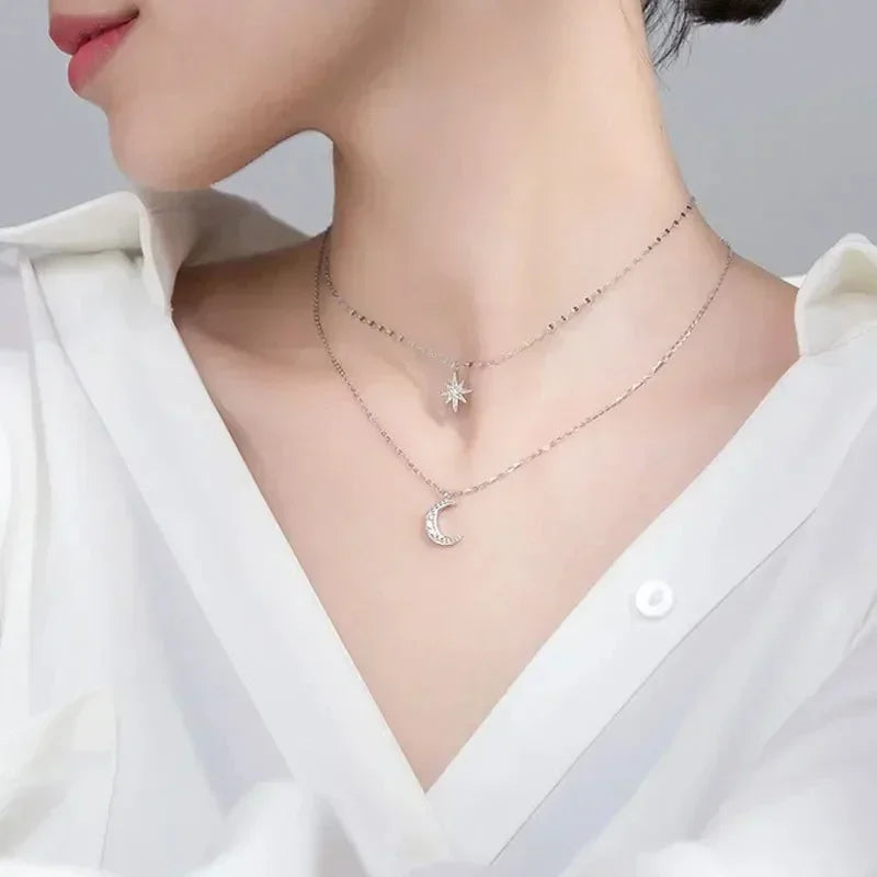 Silver Double Layer Star Moon Necklace Zircon Choker for Women