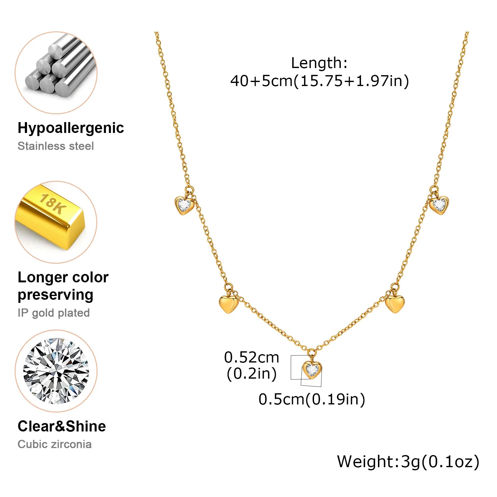 Luxury Zircon Heart Pendant Necklace Stainless Steel Love Charms