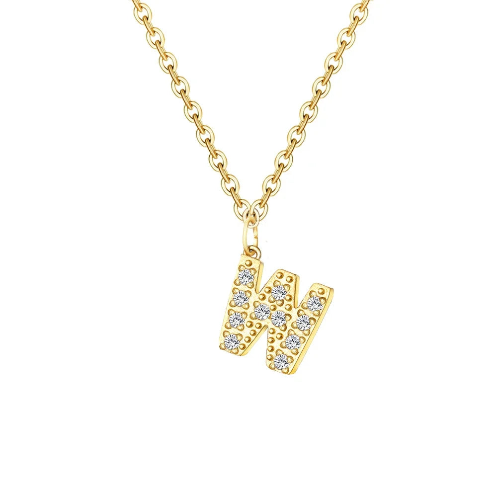 Gold Zircon Initial Necklace A-Z Stainless Steel Letter Pendant Women