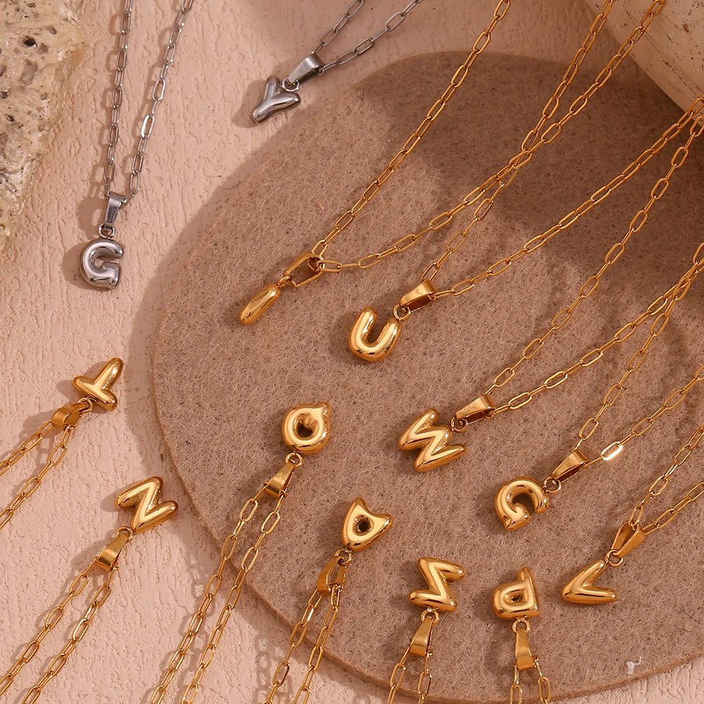 Elegant A-Z Bubble Letter Necklace Gold Plated Stainless Steel