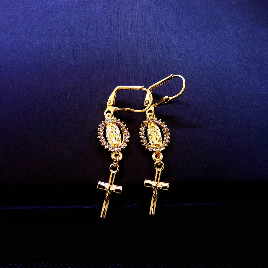 Virgin Mary Cross Rhinestone Earrings Elegant Religious Women
