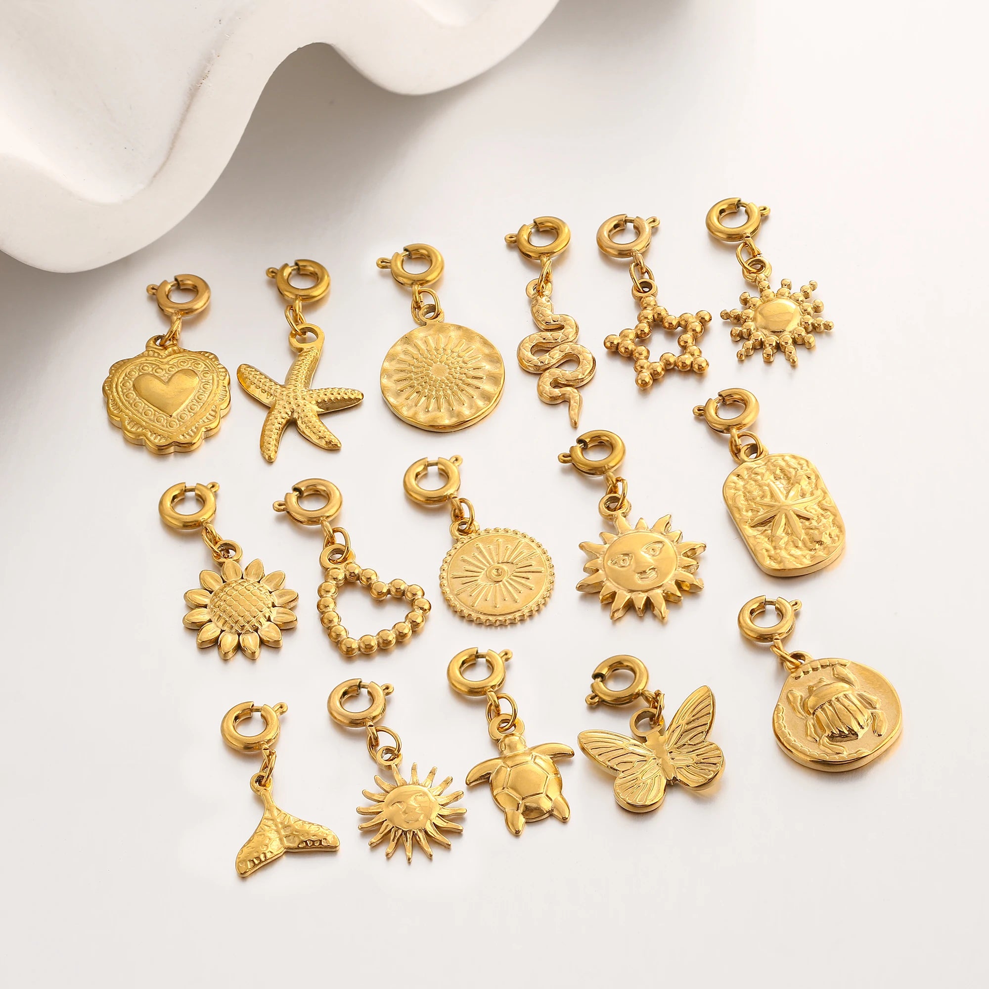 18K Gold Plated Charm Pendants Set Fish Bear Sun Butterfly DIY Jewelry