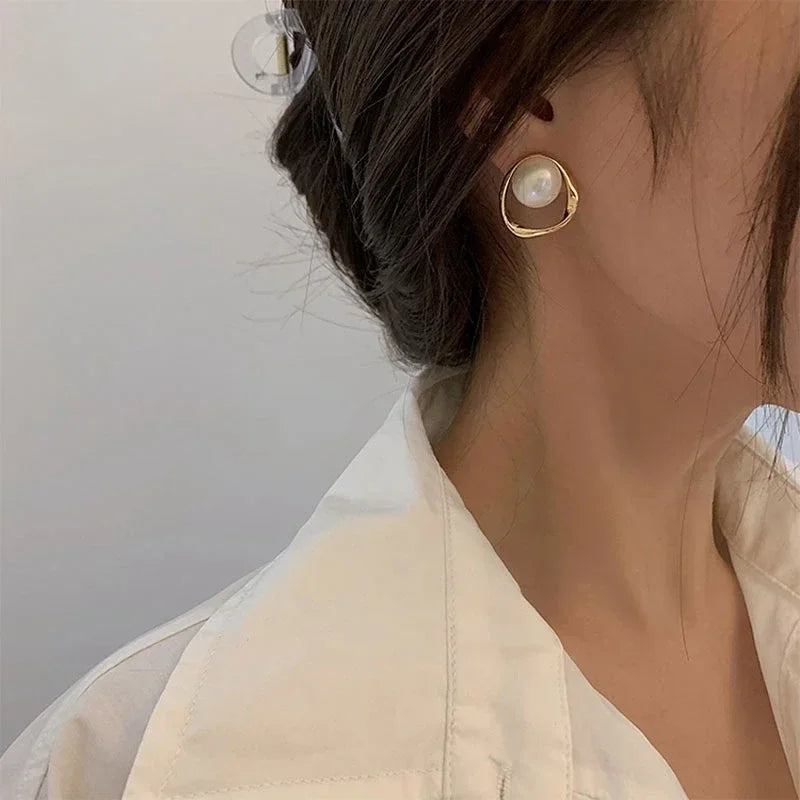 Irregular Pearl Stud Earrings Gold Korean Style Delicate Women