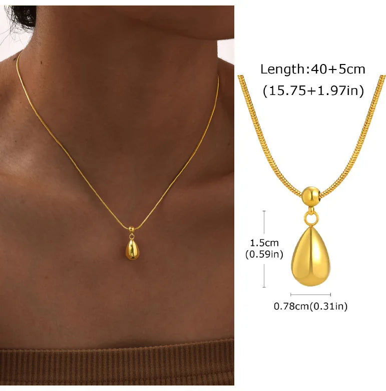 Sliding Water Droplet Pendant Necklace Gold Stainless Steel Waterproof