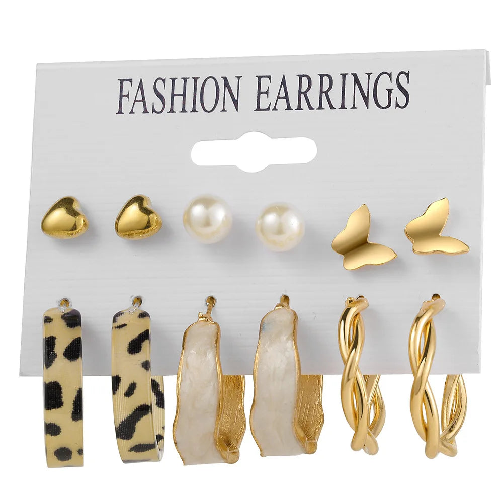 Stylish Boho Earring Set Big Hoops Pearl Square Heart Zircon Design