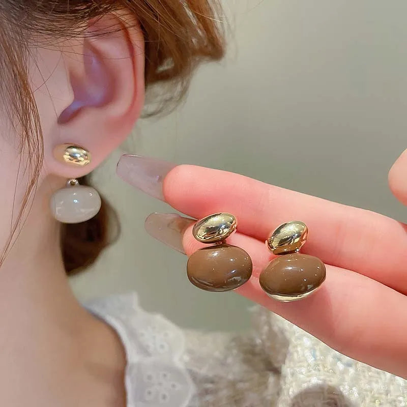 Vintage Enamel Oval Dangle Earrings Coffee Color Two Way Wear