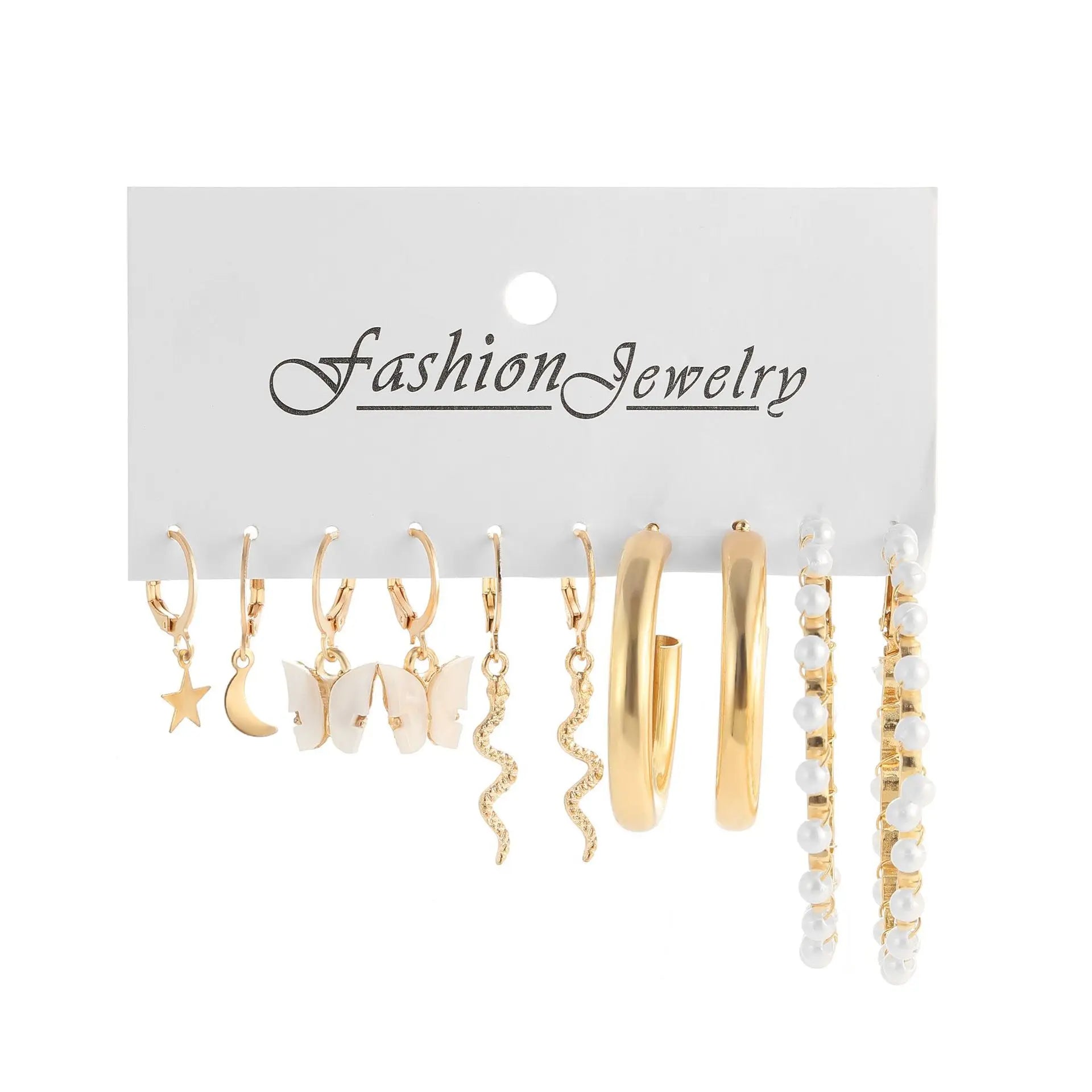 Stylish Boho Earring Set Big Hoops Pearl Square Heart Zircon Design