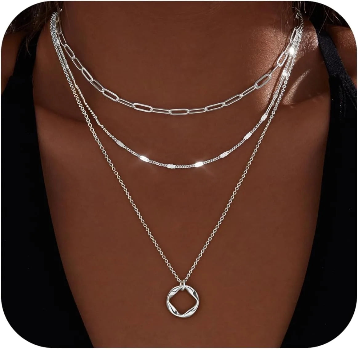 Elegant Layered Necklace Set Gold Silver Circle Pendant Women