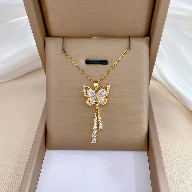 Zircon Butterfly Tassel Necklace Moon Flower Stainless Steel Women