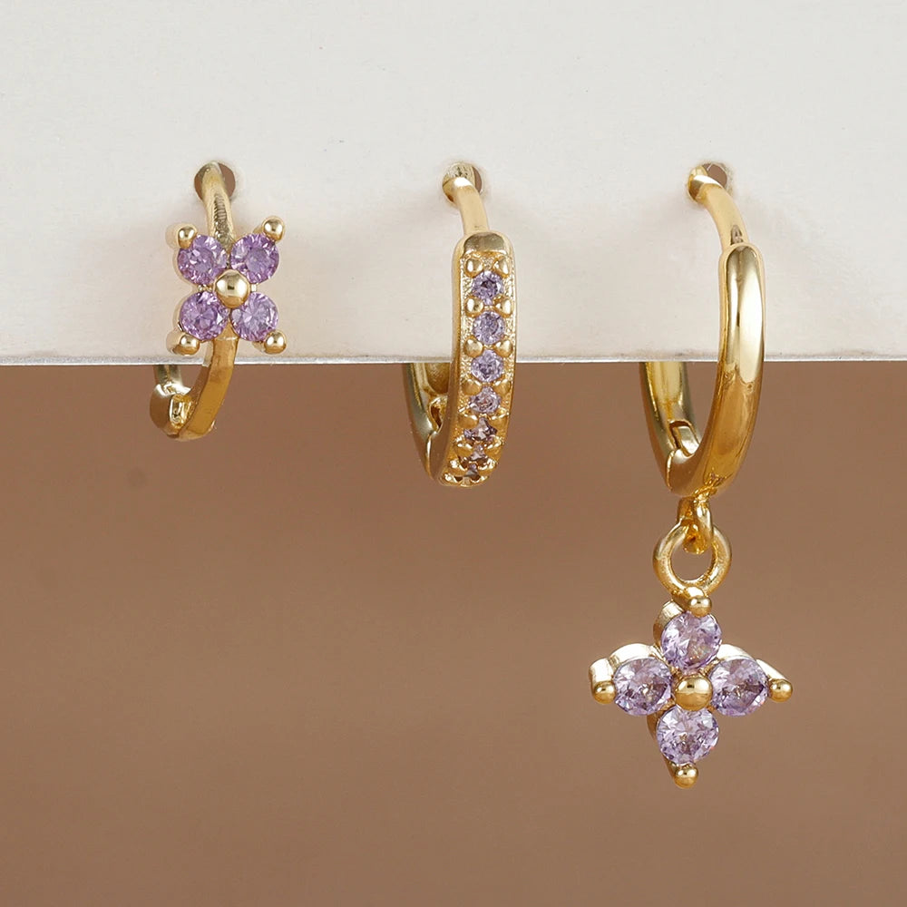 3PCS Flower Drop Earrings Set Zircon Stainless Steel Women