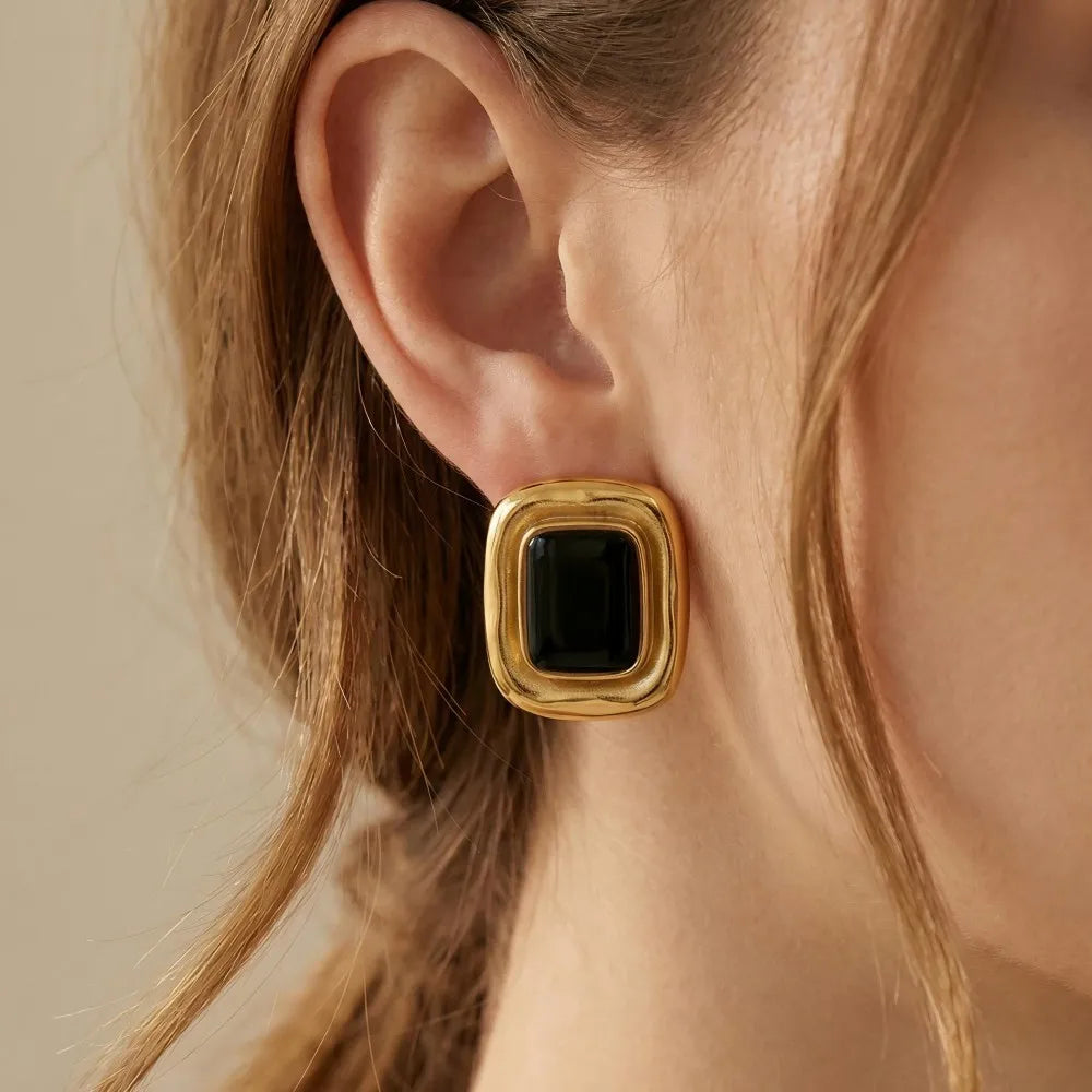 Black Stone Stud Earrings Chunky 18K Gold Women Jewelry