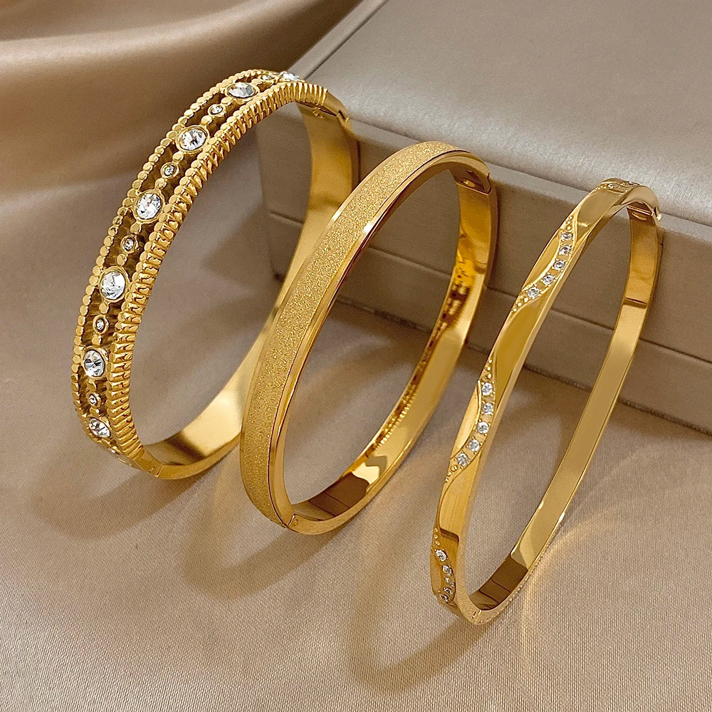 Gold Zircon Geometric Cuff Bracelet Stainless Steel Waterproof Unisex