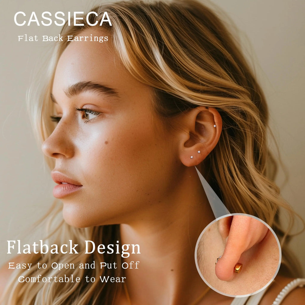 6 Pairs Flat Back Stud Earrings Set CZ Hypoallergenic for Women