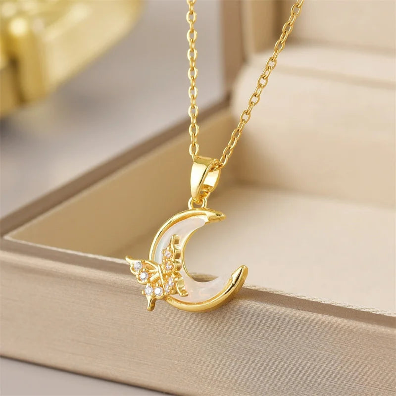 Zircon Butterfly Tassel Necklace Moon Flower Stainless Steel Women