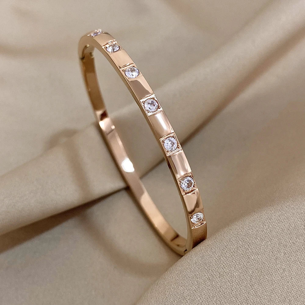 Gold Plated Rhinestone Square Bangle Stainless Steel Waterproof