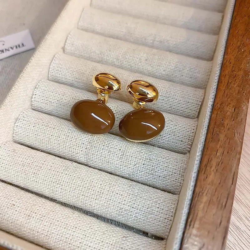 Vintage Enamel Oval Dangle Earrings Coffee Color Two Way Wear