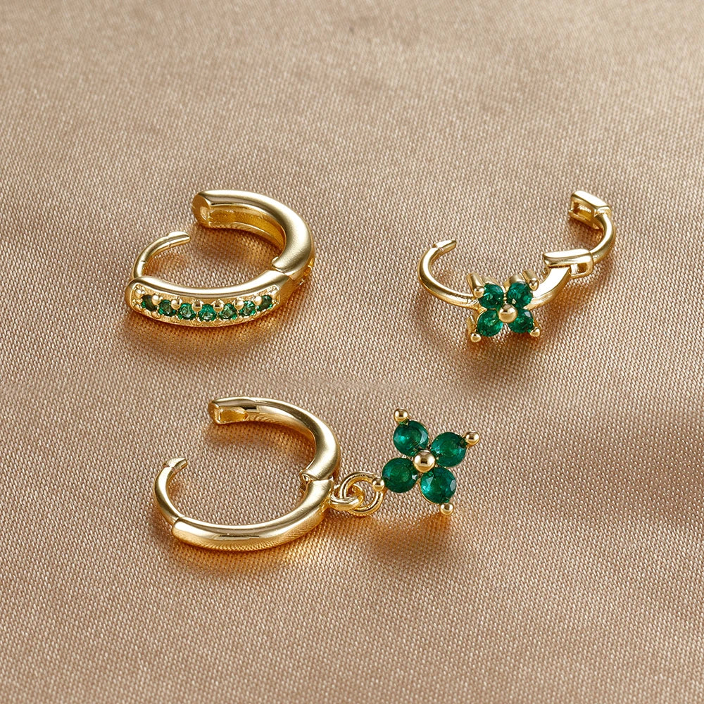 3PCS Flower Drop Earrings Set Zircon Stainless Steel Women