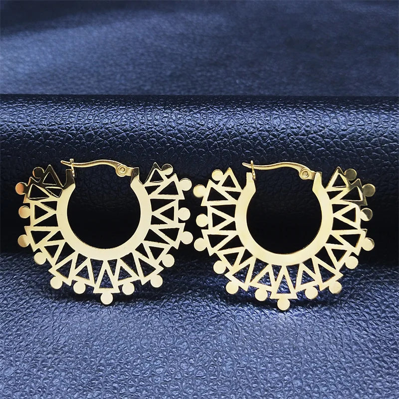 Indian Mandala Lotus Hoop Earrings Gold Stainless Steel Women
